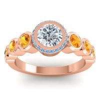 Diamond Ring In 14K Rose Gold With Citrine And Swiss Blue Topaz Vana Round Antique Ring
