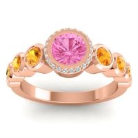 Pink Tourmaline Ring In 14K Rose Gold With Citrine And Lab Diamond Vana Round Antique Ring