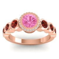 Pink Tourmaline Ring In 14K Rose Gold With Garnet And Lab Diamond Vana Round Antique Ring