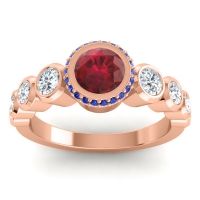 Ruby Ring In 18K Rose Gold With Lab Diamond And Blue Sapphire Vana Round Antique Ring