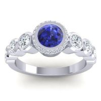 Blue Sapphire Engagement Ring In 18k White Gold With Lab Diamond And Diamond - Vana Round Antique Ring