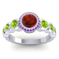 Garnet Ring In 14k White Gold With Peridot And Amethyst Vana Round Antique Ring