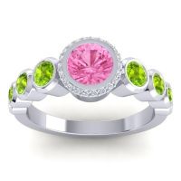 Pink Tourmaline Engagement Ring In 14k White Gold With Peridot And Diamond - Vana Round Antique Ring