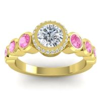 Diamond Engagement Ring In 18k Yellow Gold With Pink Tourmaline - Vana Round Antique Ring