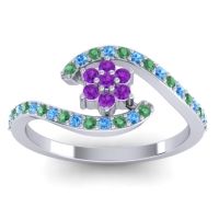 Amethyst Fashion Ring In 18k White Gold With Emerald And Swiss Blue Topaz – Plava Simple Ring
