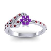 Amethyst Fashion Ring In 14k White Gold With Ruby And Diamond – Karbudara Dainty Ring