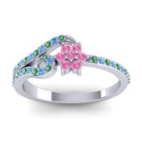 Pink Tourmaline Fashion Ring In 14k White Gold With Swiss Blue Topaz And Emerald – Karbudara Dainty Ring