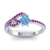 Swiss Blue Topaz Fashion Ring In 18k White Gold With Ruby And Amethyst – Karbudara Dainty Ring