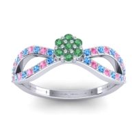 Emerald Fashion Ring In 14k White Gold With Swiss Blue Topaz And Pink Tourmaline – Gairi Dainty Ring