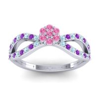 Pink Tourmaline Fashion Ring In 14k White Gold With Aquamarine And Amethyst – Gairi Dainty Ring