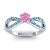 Pink Tourmaline Fashion Ring In 14k White Gold With Swiss Blue Topaz And Emerald – Gairi Dainty Ring