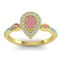 Pink Tourmaline Fashion Ring In 18k Yellow Gold With Lab Diamond And Swiss Blue Topaz – Tambula Statement Ring