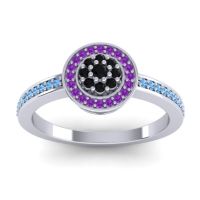 Black Onyx Fashion Ring In 14k White Gold With Amethyst And Swiss Blue Topaz – Varasana Statement Ring
