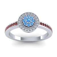 Swiss Blue Topaz Fashion Ring In 14k White Gold With Lab Diamond And Garnet – Varasana Statement Ring