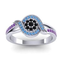 Black Onyx Fashion Ring In 14k White Gold With Swiss Blue Topaz And Amethyst – Nidadha Statement Ring