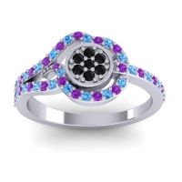 Black Onyx Fashion Ring In 14k White Gold With Swiss Blue Topaz And Amethyst – Avarana Statement Ring