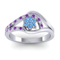 Swiss Blue Topaz Fashion Ring In 14k White Gold With Diamond And Amethyst – Puspin Simple Ring