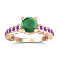 Emerald Engagement Ring In 18K Rose Gold With Amethyst And Diamond - Vasana Round Antique Ring