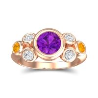 Amethyst Ring In 14K Rose Gold With Lab Diamond And Citrine Bindu Round Antique Ring