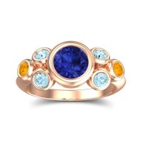 Lab Blue Sapphire Ring In 18K Rose Gold With Aquamarine And Citrine Bindu Round Antique Ring