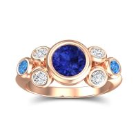 Lab Blue Sapphire Ring In 14K Rose Gold With Lab Diamond And Swiss Blue Topaz Bindu Round Antique Ring