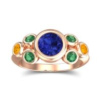 Lab Blue Sapphire Ring In 18K Rose Gold With Emerald And Citrine Bindu Round Antique Ring