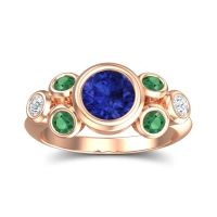 Lab Blue Sapphire Engagement Ring In 18K Rose Gold With Emerald And Diamond - Bindu Round Antique Ring