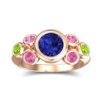 Lab Blue Sapphire Ring In 14K Rose Gold With Pink Tourmaline And Peridot Bindu Round Antique Ring