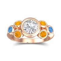 Diamond Ring In 14K Rose Gold With Citrine And Swiss Blue Topaz Bindu Round Antique Ring