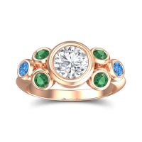 Diamond Ring In 14K Rose Gold With Emerald And Swiss Blue Topaz Bindu Round Antique Ring