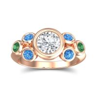 Lab Diamond Ring In 14K Rose Gold With Swiss Blue Topaz And Emerald Bindu Round Antique Ring