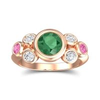 Emerald Ring In 18K Rose Gold With Lab Diamond And Pink Tourmaline Bindu Round Antique Ring