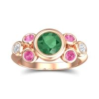 Lab Emerald Engagement Ring In 14K Rose Gold With Pink Tourmaline And Diamond - Bindu Round Antique Ring