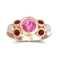 Pink Tourmaline Ring In 14K Rose Gold With Garnet And Lab Diamond Bindu Round Antique Ring