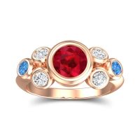 Lab Ruby Ring In 14K Rose Gold With Lab Diamond And Swiss Blue Topaz Bindu Round Antique Ring