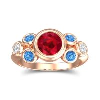 Lab Ruby Engagement Ring In 14K Rose Gold With Swiss Blue Topaz And Diamond - Bindu Round Antique Ring