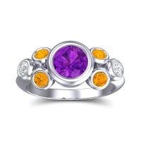 Amethyst Ring In 18k White Gold With Citrine And Lab Diamond Bindu Round Antique Ring