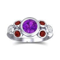 Amethyst Engagement Ring In 18k White Gold With Garnet And Diamond - Bindu Round Antique Ring