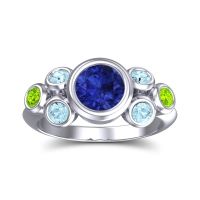 Lab Blue Sapphire Ring In 18k White Gold With Aquamarine And Peridot Bindu Round Antique Ring
