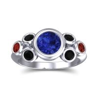 Lab Blue Sapphire Ring In 14k White Gold With Black Onyx And Garnet Bindu Round Antique Ring