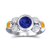 Lab Blue Sapphire Ring In 18k White Gold With Lab Diamond And Citrine Bindu Round Antique Ring