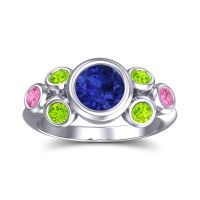 Lab Blue Sapphire Ring In 14k White Gold With Peridot And Pink Tourmaline Bindu Round Antique Ring