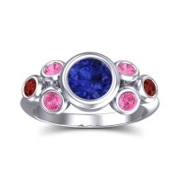Lab Blue Sapphire Ring In 14k White Gold With Pink Tourmaline And Garnet Bindu Round Antique Ring