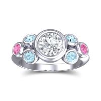 Lab Diamond Ring In 14k White Gold With Aquamarine And Pink Tourmaline Bindu Round Antique Ring
