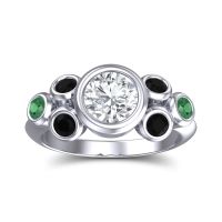 Lab Diamond Ring In 14k White Gold With Black Onyx And Emerald Bindu Round Antique Ring