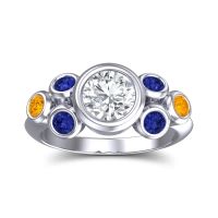 Lab Diamond Ring In 14k White Gold With Blue Sapphire And Citrine Bindu Round Antique Ring