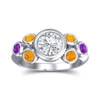 Lab Diamond Ring In Palladium With Citrine And Amethyst Bindu Round Antique Ring