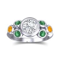 Lab Diamond Ring In 18k White Gold With Emerald And Citrine Bindu Round Antique Ring