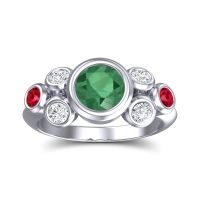 Lab Emerald Ring In 14k White Gold With Diamond And Ruby Bindu Round Antique Ring