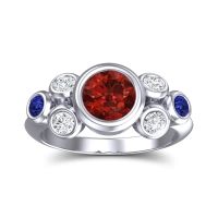 Garnet Ring In 14k White Gold With Lab Diamond And Blue Sapphire Bindu Round Antique Ring